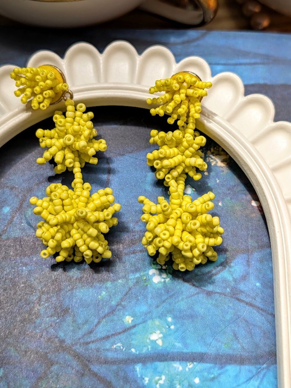Retro y2k sunshine yellow beaded fringe triple drop earrings, post back